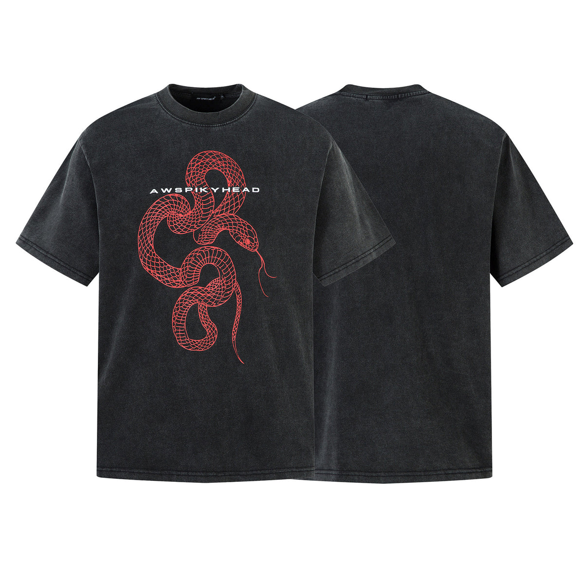 Streetwear Washed Snake Design Short Sleeve T-Shirt Men's  Personalized Loose Couple Top