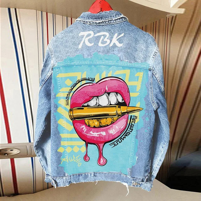 Women's Autumn New Hot Selling Street  Net Red With The Same  Tongue Out Print Pattern Lapel Denim Jacket