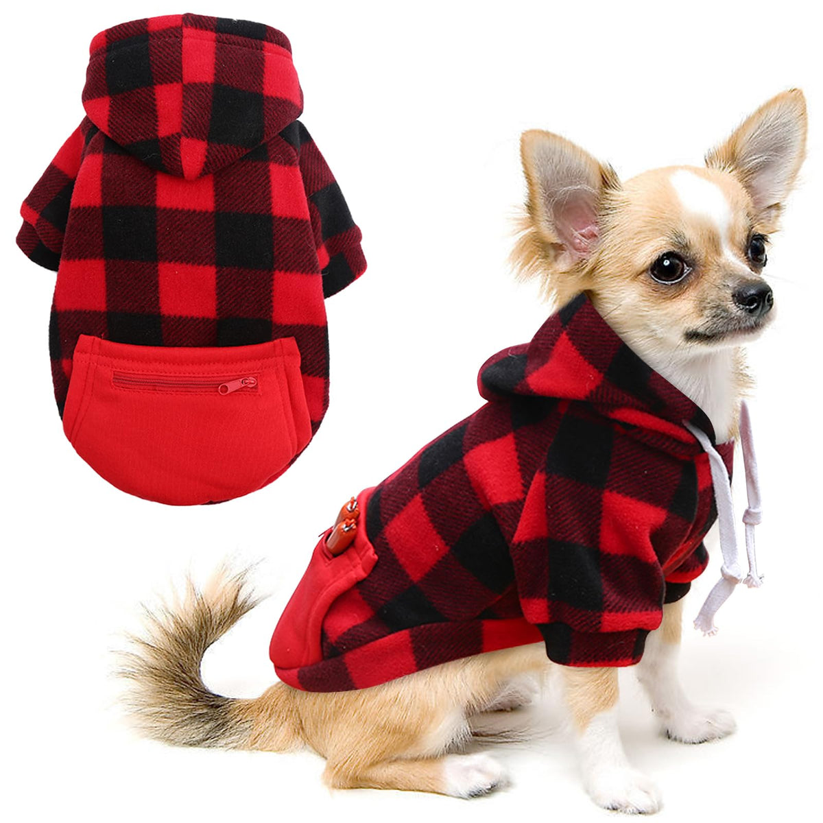 Plaid Dog Hoodie with Zipper Pocket