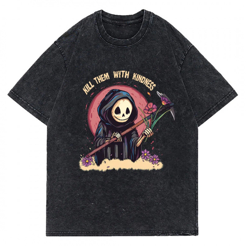 Hot Selling Summer Hip Hop Street Trend Skull Print T-Shirt Summer Cotton Washed Vintage Aged Short Sleeve