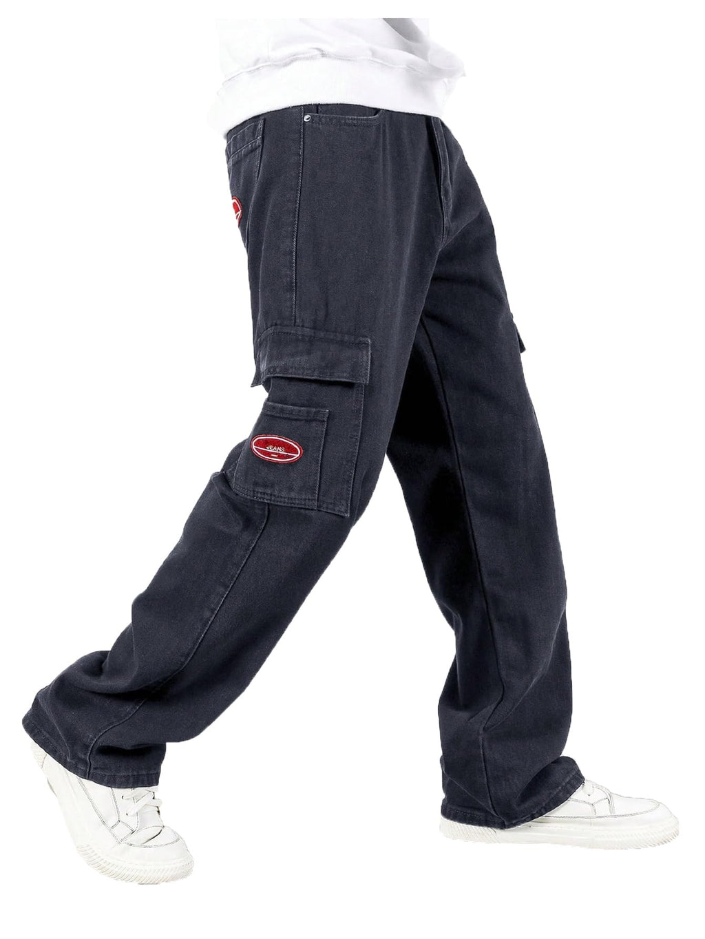 Verdusa Mens Denim Cargo Pants Letter Patched Straight Leg Streetwear Jeans Trousers Grey Medium