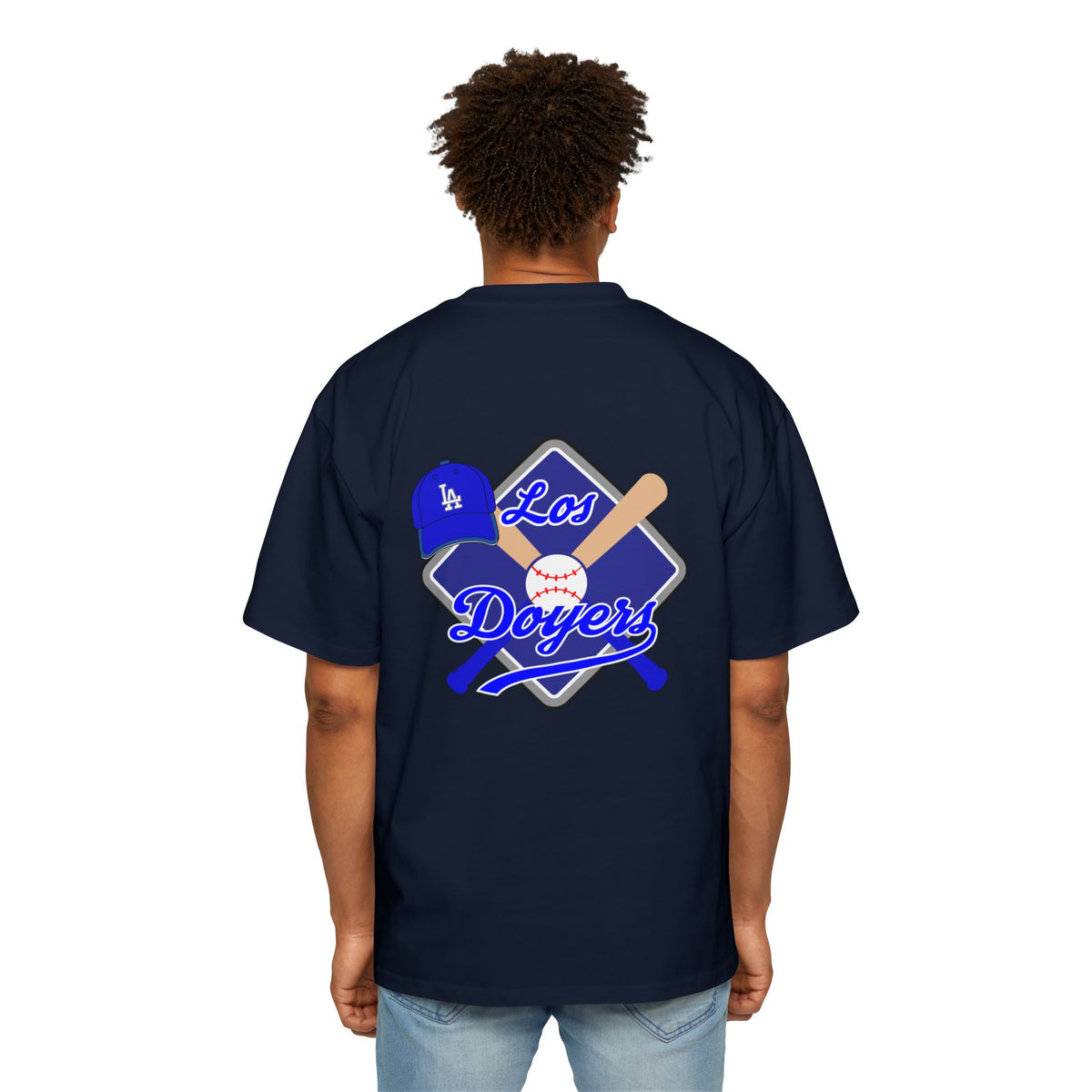 Los Dodgers Baseball Oversized Tee — Back Graphic Bat, Cap & Script Logo