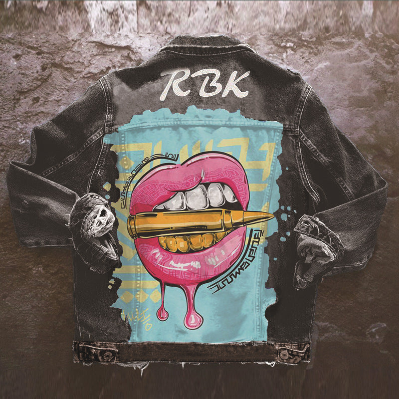 Women's Autumn New Hot Selling Street  Net Red With The Same  Tongue Out Print Pattern Lapel Denim Jacket