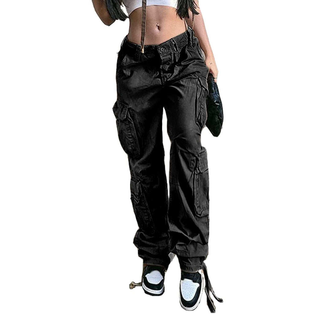 Viatabuna Womens High Rise Straight Leg Y2K Streetwear Cargo Pants Baggy Boyfriend Pants with Pocket Black