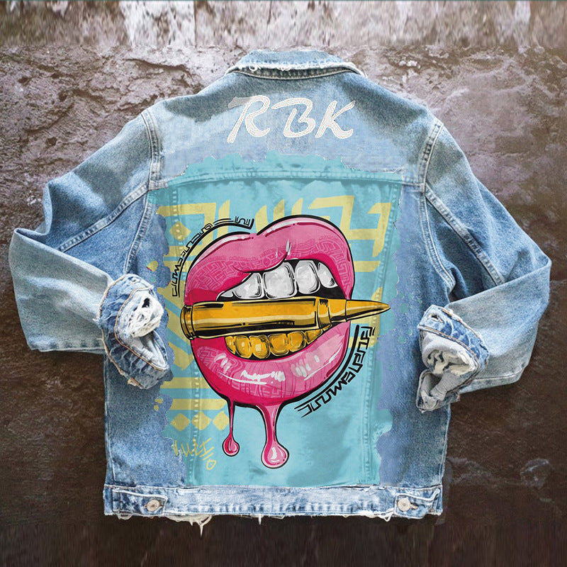 Women's Autumn New Hot Selling Street  Net Red With The Same  Tongue Out Print Pattern Lapel Denim Jacket