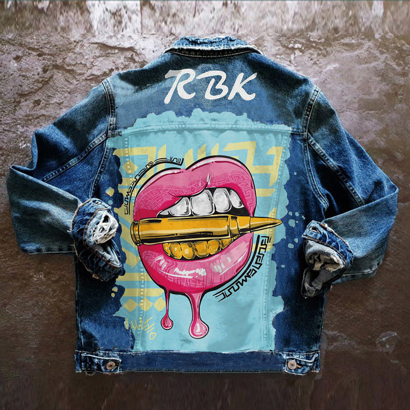 Women's Autumn New Hot Selling Street  Net Red With The Same  Tongue Out Print Pattern Lapel Denim Jacket