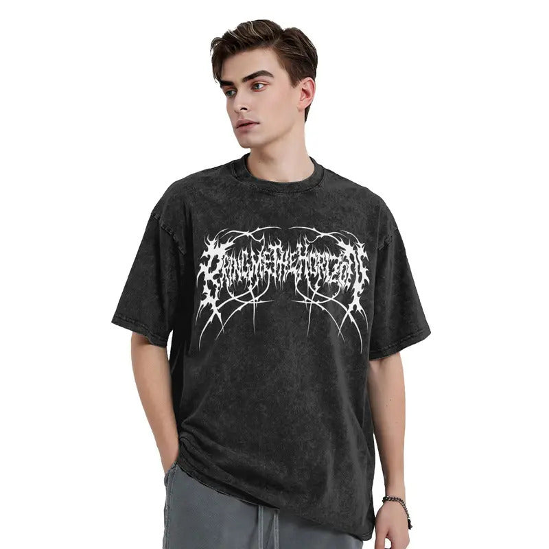 Hot Selling Summer Hip Hop Street Pattern Printed T-Shirt Summer Cotton Washed Vintage Aged Short Sleeve Top