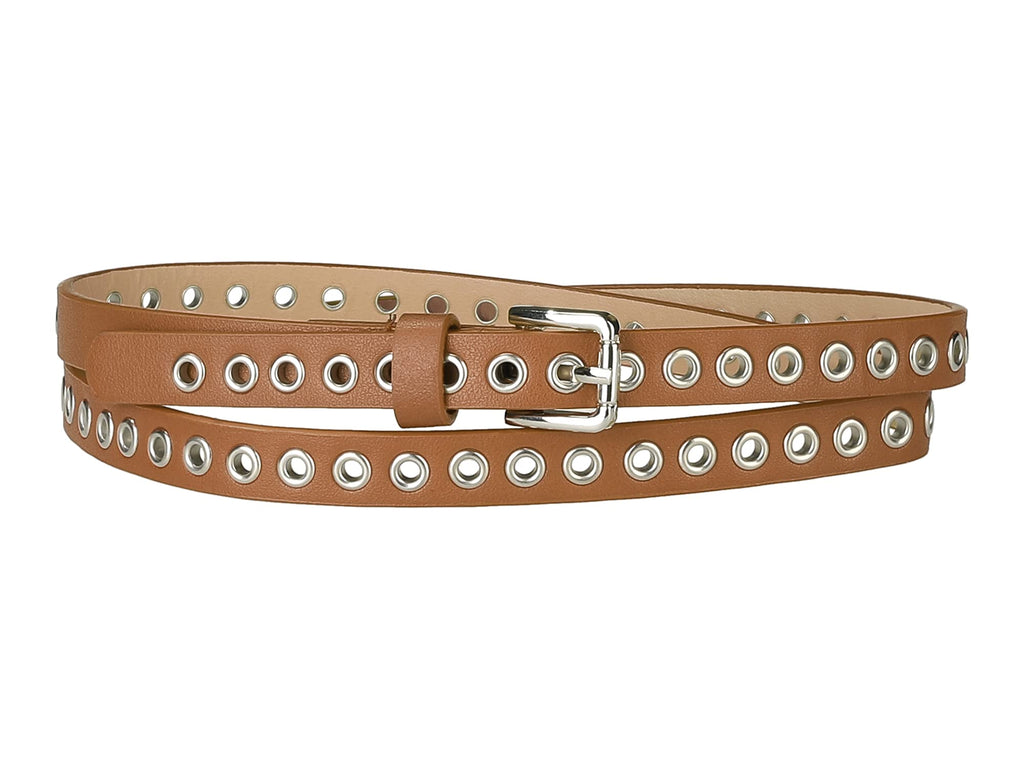 Allegra K Grommet Belt Leather Skinny Plus Size Waist Belts for Women Punk Rock Style 104.5cm/41.14 Camel