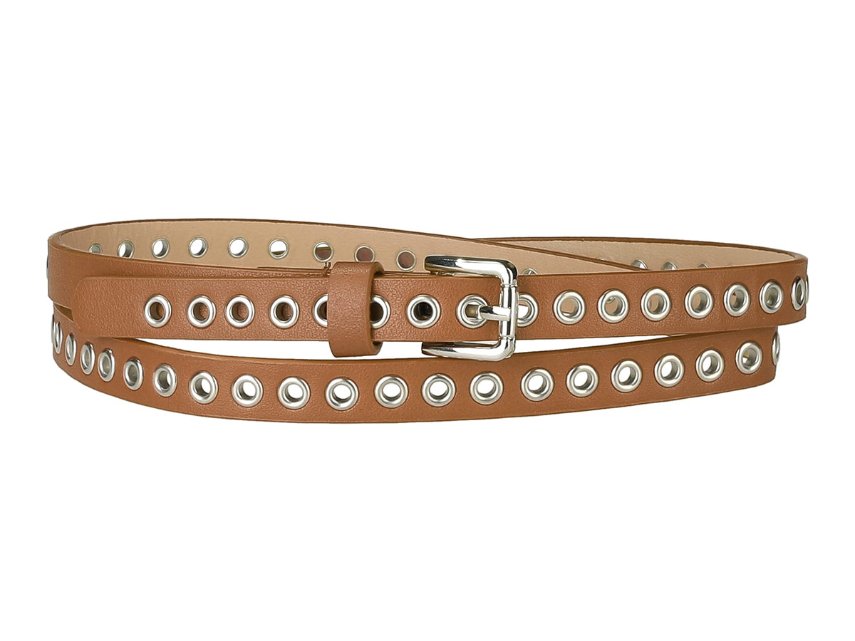 Allegra K Grommet Belt Leather Skinny Plus Size Waist Belts for Women Punk Rock Style 104.5cm/41.14 Camel