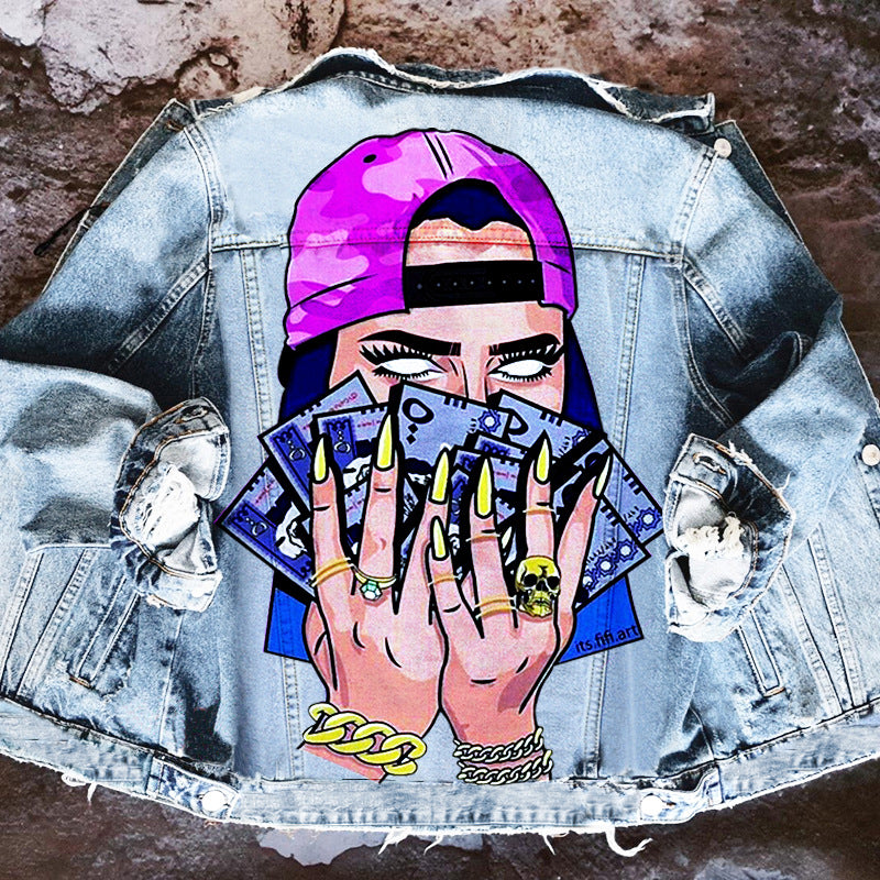 Women's Autumn New Hot Selling Street  Net Red With The Same Tongue Out Print Pattern Lapel Denim Jacket