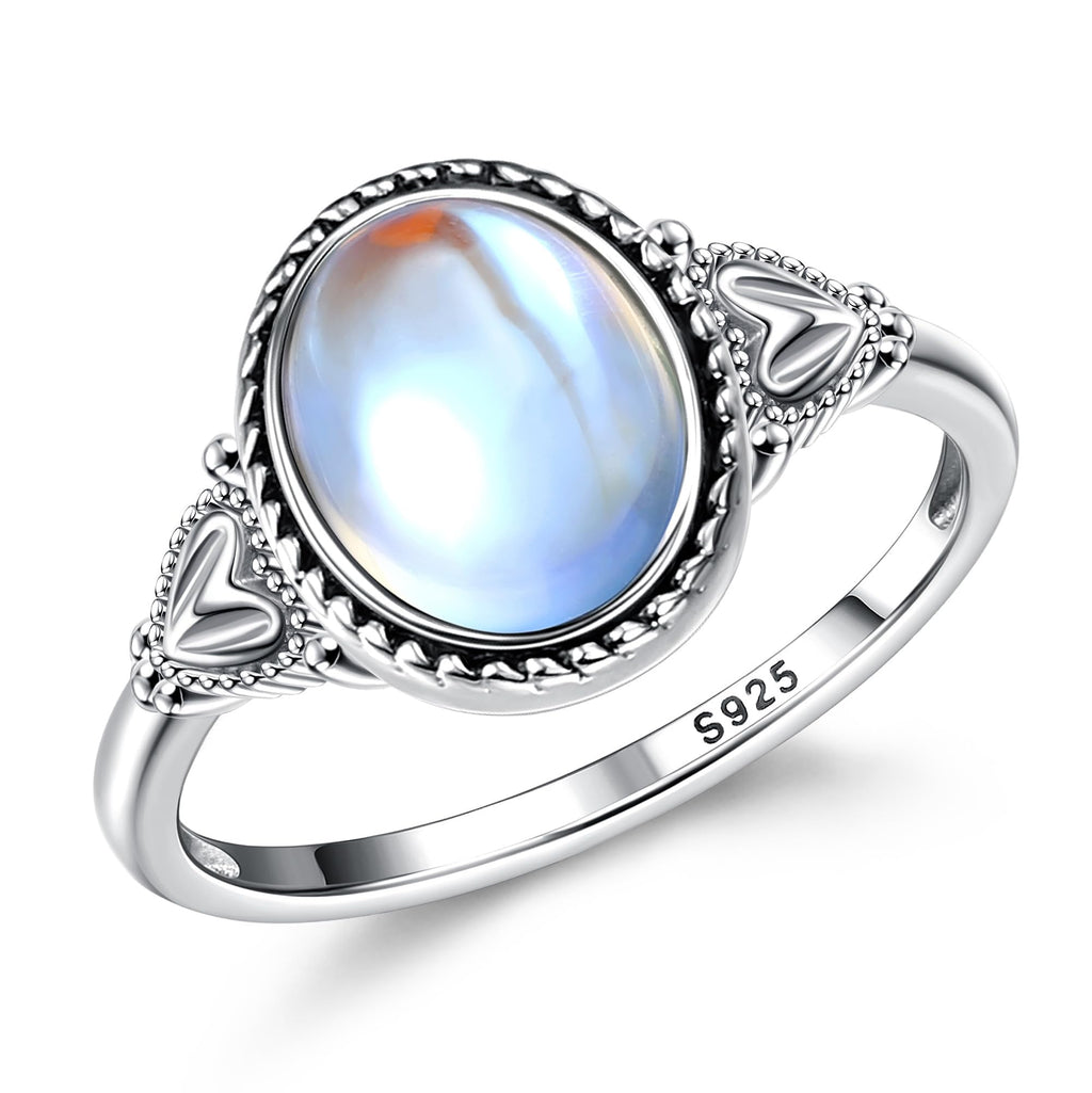 Florideco 925 Sterling Silver Moonstone Ring for Women 18K White Gold Plated Rainbow Moon Stone Rings Victorian Style Gemstone Solitaire Oval Moonstone Ring ML8