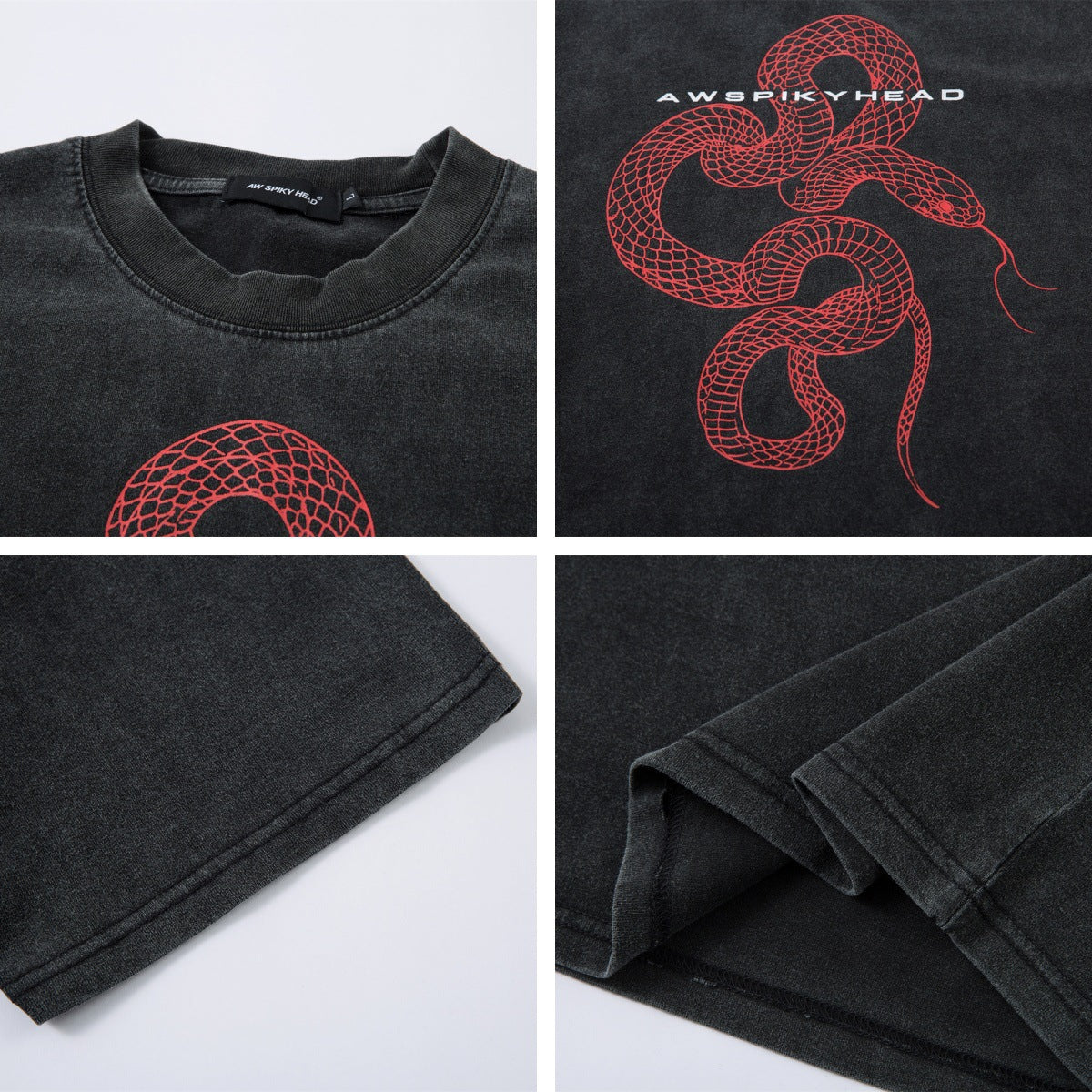 Streetwear Washed Snake Design Short Sleeve T-Shirt Men's  Personalized Loose Couple Top