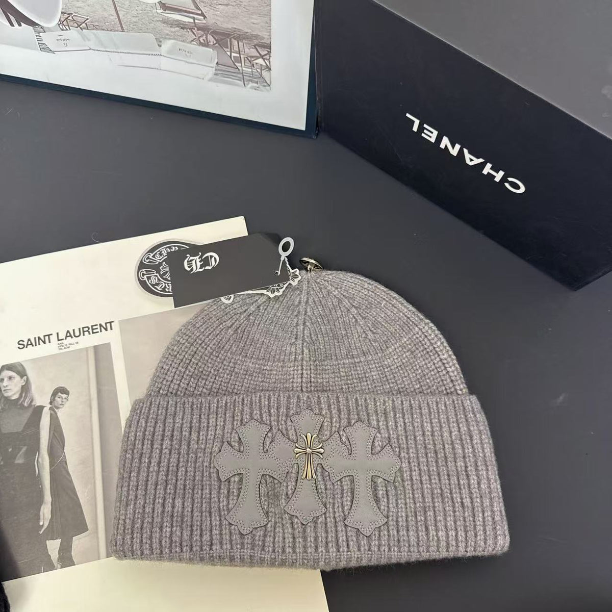 Knitted Hat with Cross Design Warm Ear Protection Beanie