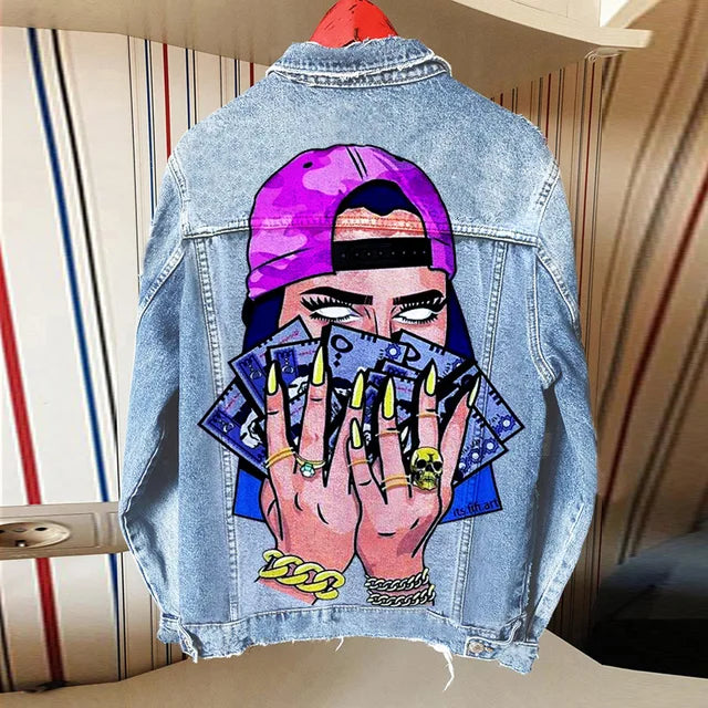 Women's Autumn New Hot Selling Street  Net Red With The Same Tongue Out Print Pattern Lapel Denim Jacket