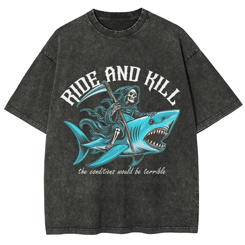 Hot Selling Summer Hip Hop Street Trend Skull Print T-Shirt Summer Cotton Washed Vintage Aged Short Sleeve