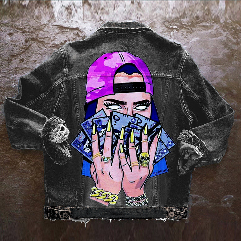 Women's Autumn New Hot Selling Street  Net Red With The Same Tongue Out Print Pattern Lapel Denim Jacket