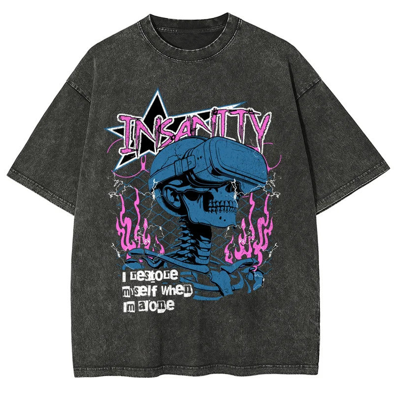 Hot Selling Summer Hip Hop Street Trend Skull Print T-Shirt Summer Cotton Washed Vintage Aged Short Sleeve