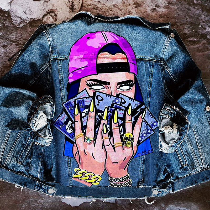 Women's Autumn New Hot Selling Street  Net Red With The Same Tongue Out Print Pattern Lapel Denim Jacket