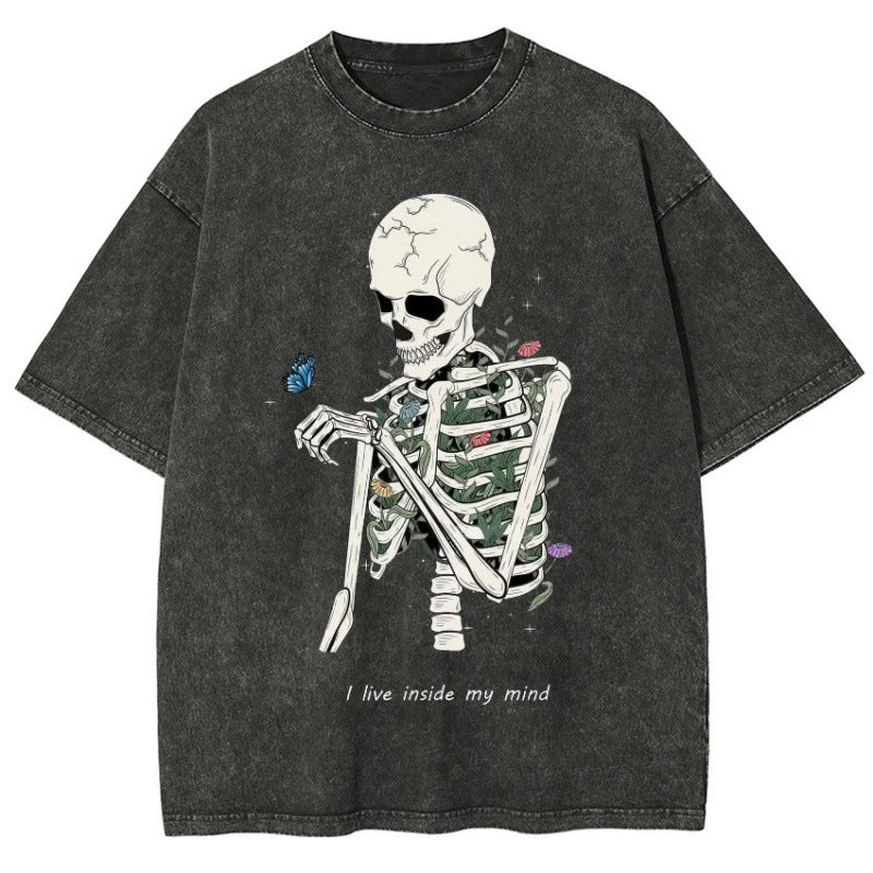 Hot Selling Summer Hip Hop Street Trend Skull Print T-Shirt Summer Cotton Washed Vintage Aged Short Sleeve