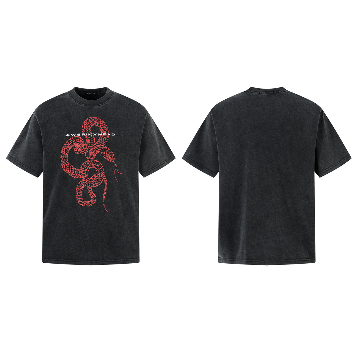 Streetwear Washed Snake Design Short Sleeve T-Shirt Men's  Personalized Loose Couple Top