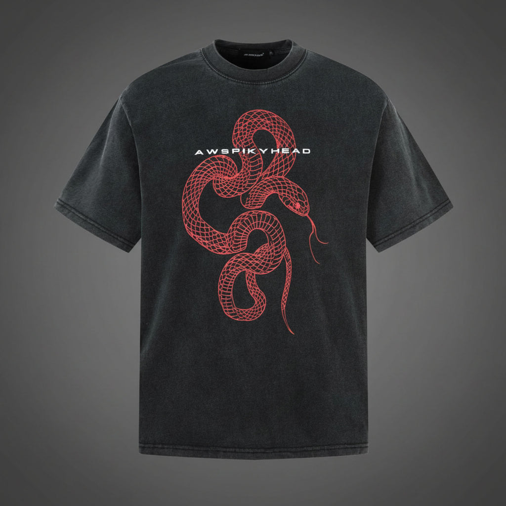 Streetwear Washed Snake Design Short Sleeve T-Shirt Men's  Personalized Loose Couple Top
