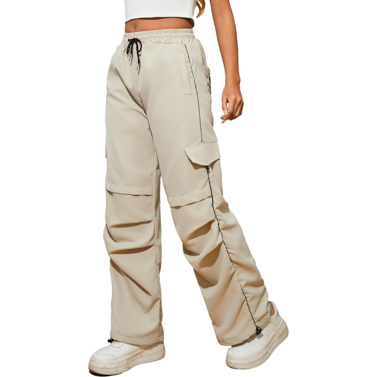 Xinor Parachute Pants for Womens Side Striped Cargo Pants Y2k with Pockets Boyfriend Streetwear Light Grey