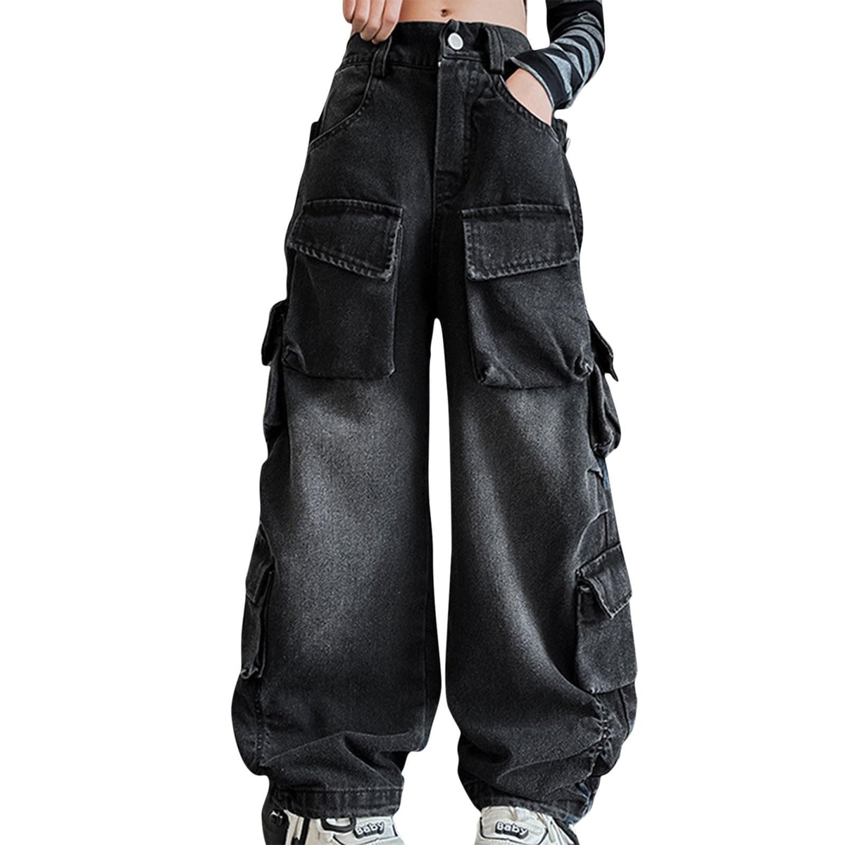 VOYOAO ofertas de Black 2024 Friday Deals Girls Baggy Jeans Y2k Streetwear Denim Cargo Pants Distressed Elastic High Waist Wide Leg Clothes Multi Pocket 5-16T Baggy Jeans
