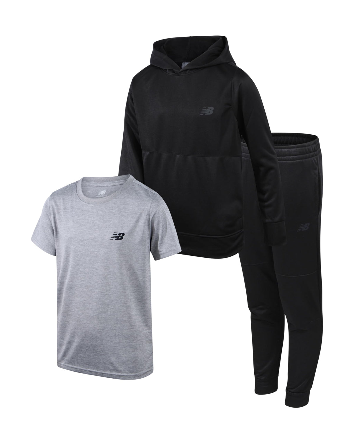 New Balance Boys Joggers Set - 3 Piece Performance Fleece Hoodie Jogger Pants and Graphic Tee for Toddlers and Boys (2T-12) Size 8 Black Grey