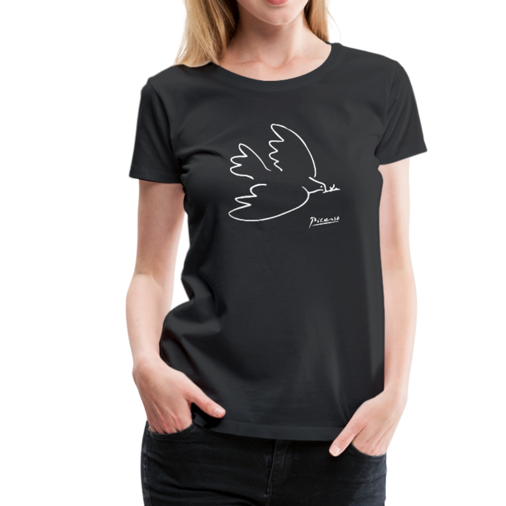Person wearing a black t-shirt with a white dove design on a white background